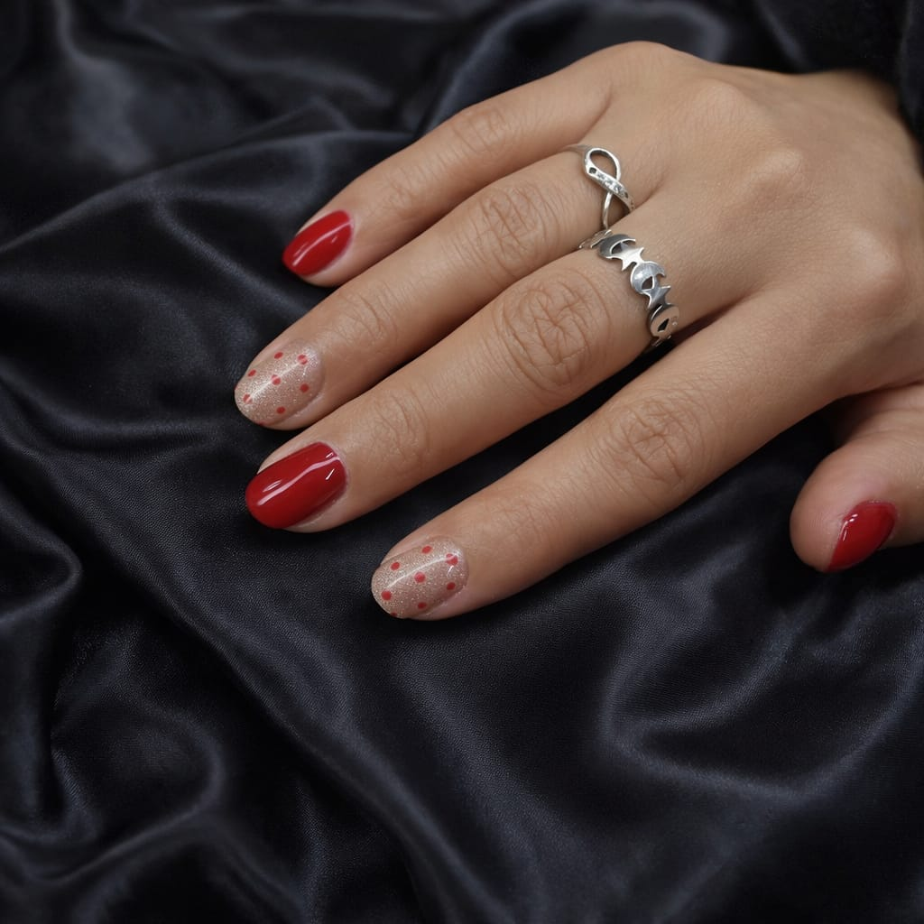 Gel semipermanente con diseño polka rojo